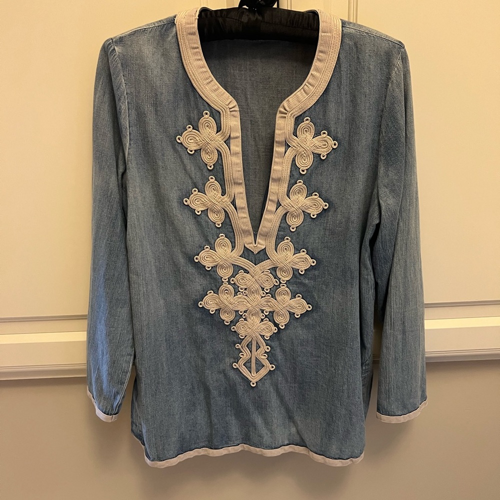J. Crew Blue Embellished Tunic Blouse with Mandarin Collar
